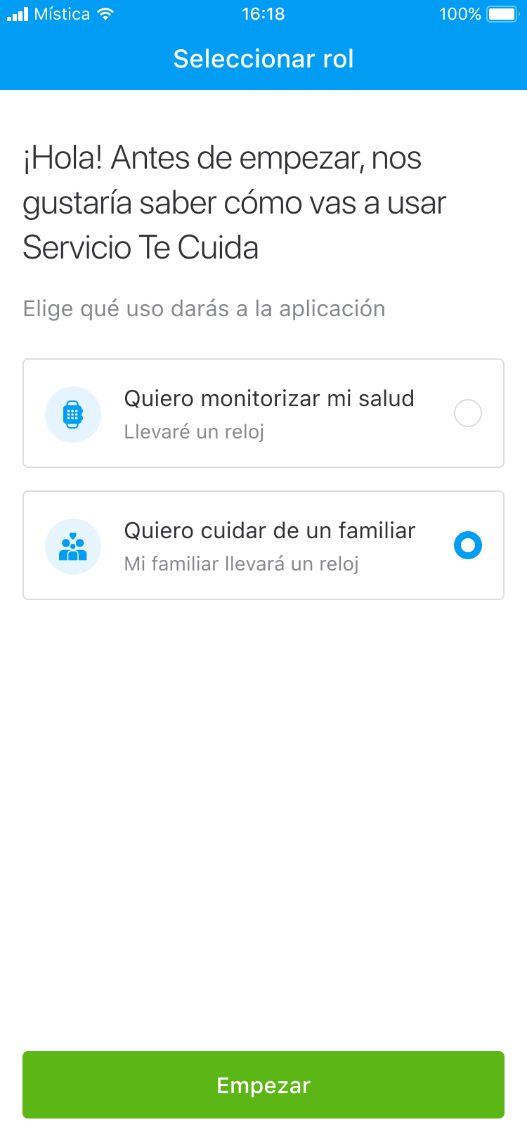Pantalla de selección de rol para el familiar