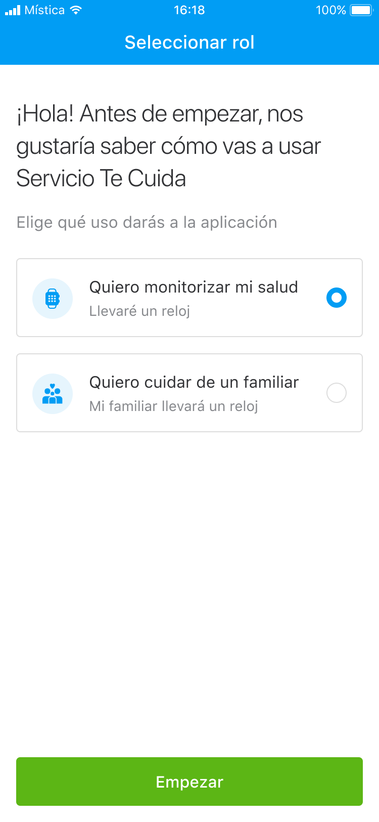 Pantalla de selección de rol para la persona mayor